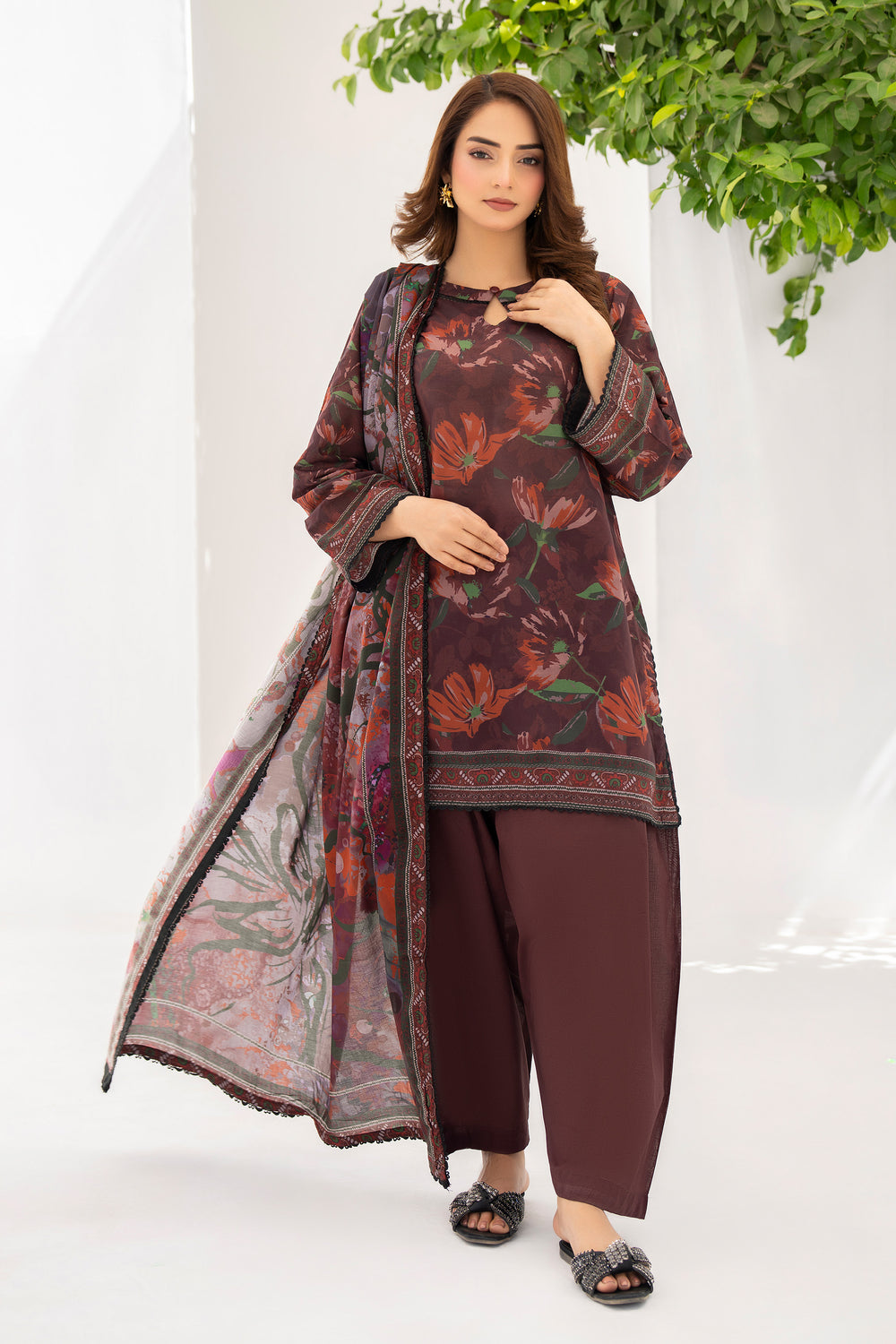 Brown 3 Piece Unstitched Premium Lawn - SU25V6-S5 - JACQUARD CLOTHING