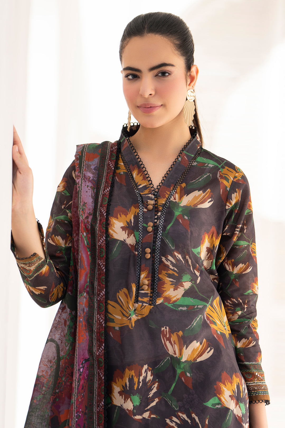 Brown 3 Piece Unstitched Premium Lawn - SU25V7-S5 - JACQUARD CLOTHING
