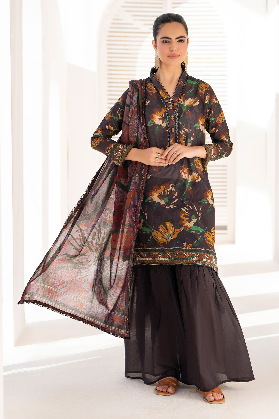 Brown 3 Piece Unstitched Premium Lawn - SU25V7-S5 - JACQUARD CLOTHING
