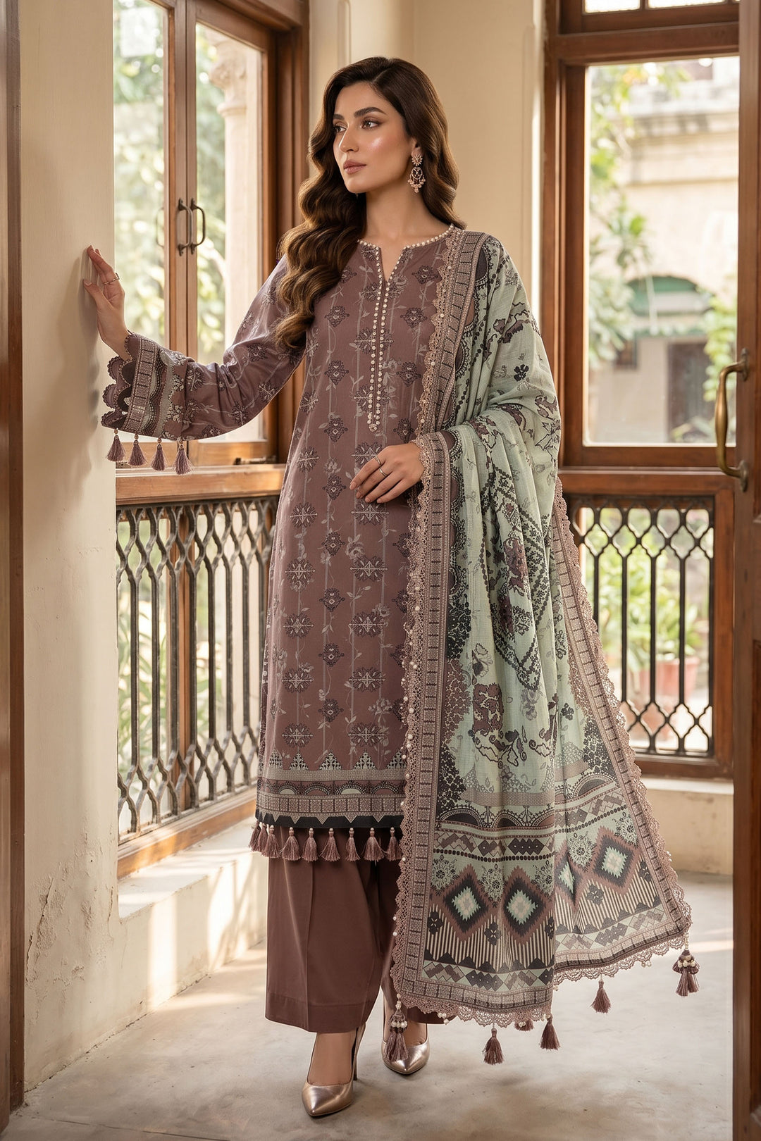 Brown 3 Piece Unstitched Premium Printed Lawn Suit By Jacquard Clothing Summer Collection 2026