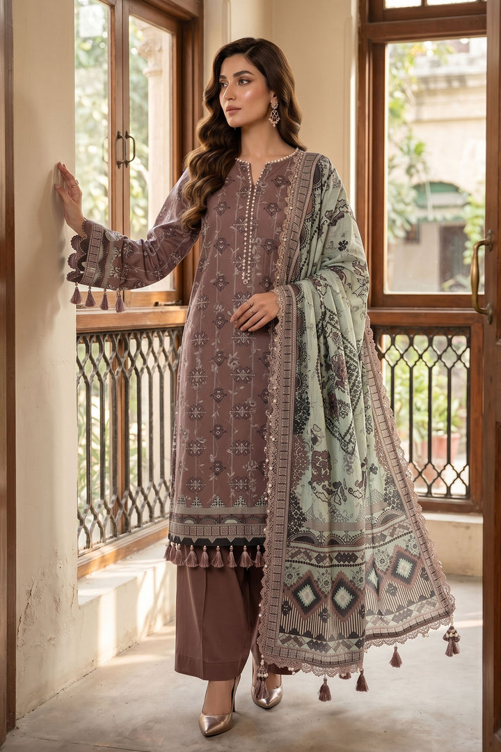 Brown 3 Piece Unstitched Premium Printed Lawn Suit By Jacquard Clothing Summer Collection 2026