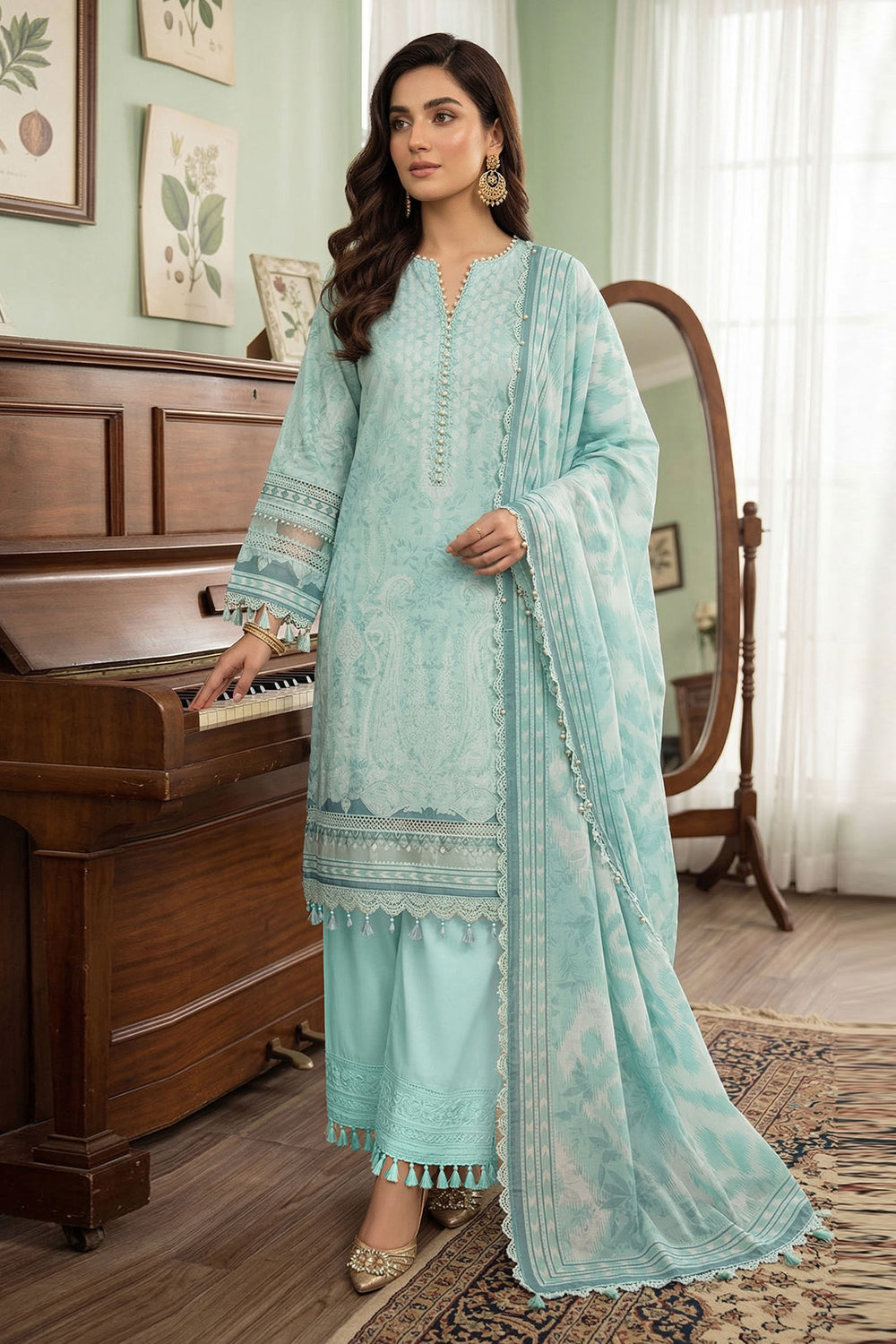 Cambridge Blue 3 Piece Unstitched Premium Printed Lawn