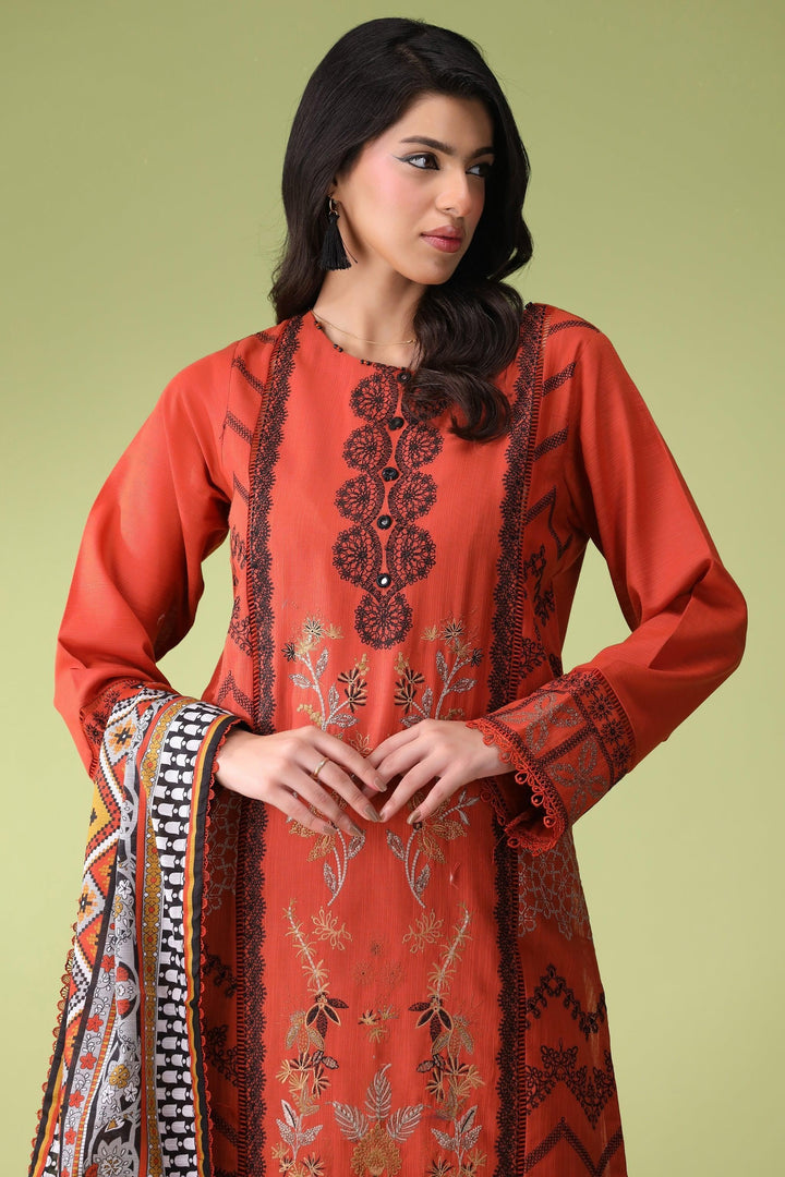 Carrot Rust 3 Piece Unstitched Khaddar - Jacquard Clothing