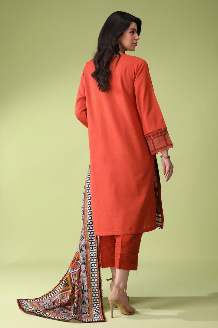 Carrot Rust 3 Piece Unstitched Khaddar - Jacquard Clothing