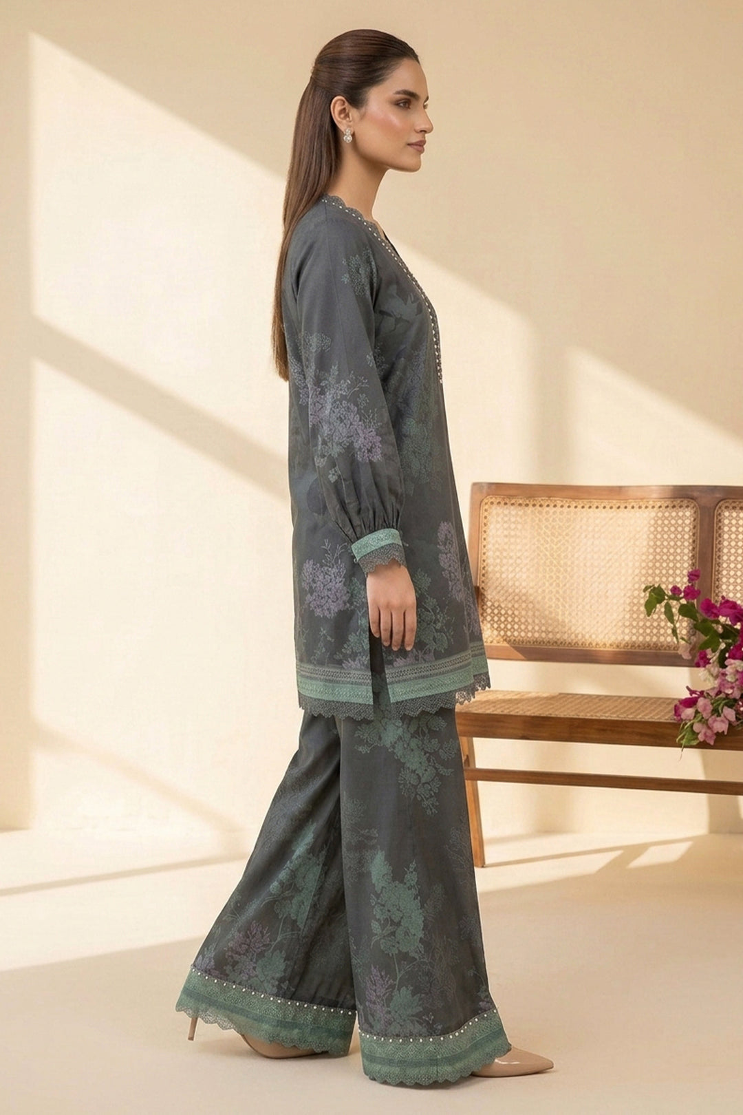 Charcoal 2 Piece Unstitched Printed Cambric Co-Ord Set