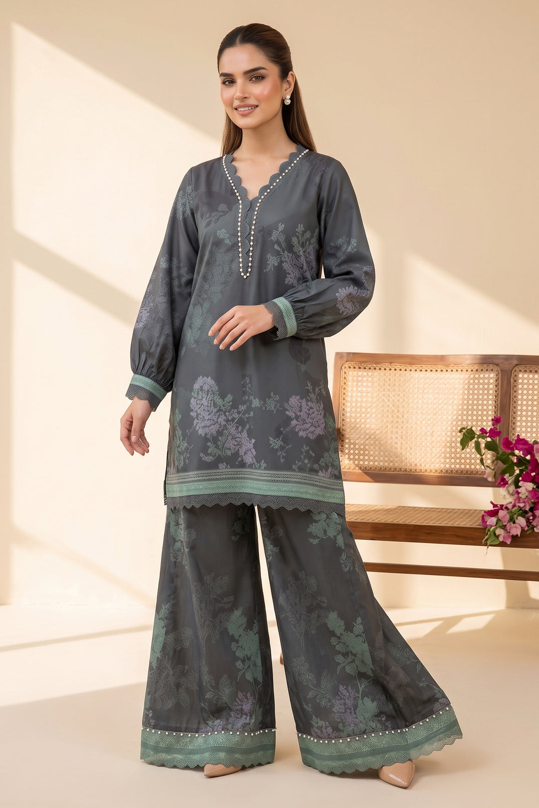 Charcoal 2 Piece Unstitched Printed Cambric Co-Ord Set