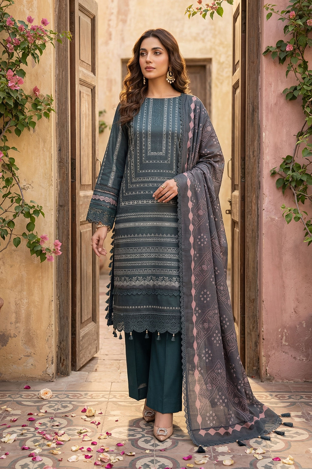 Charcoal 3 Piece Unstitched Premium Printed Lawn Suit - Jacquard Wirsa By Zainab Collection Summer 2026