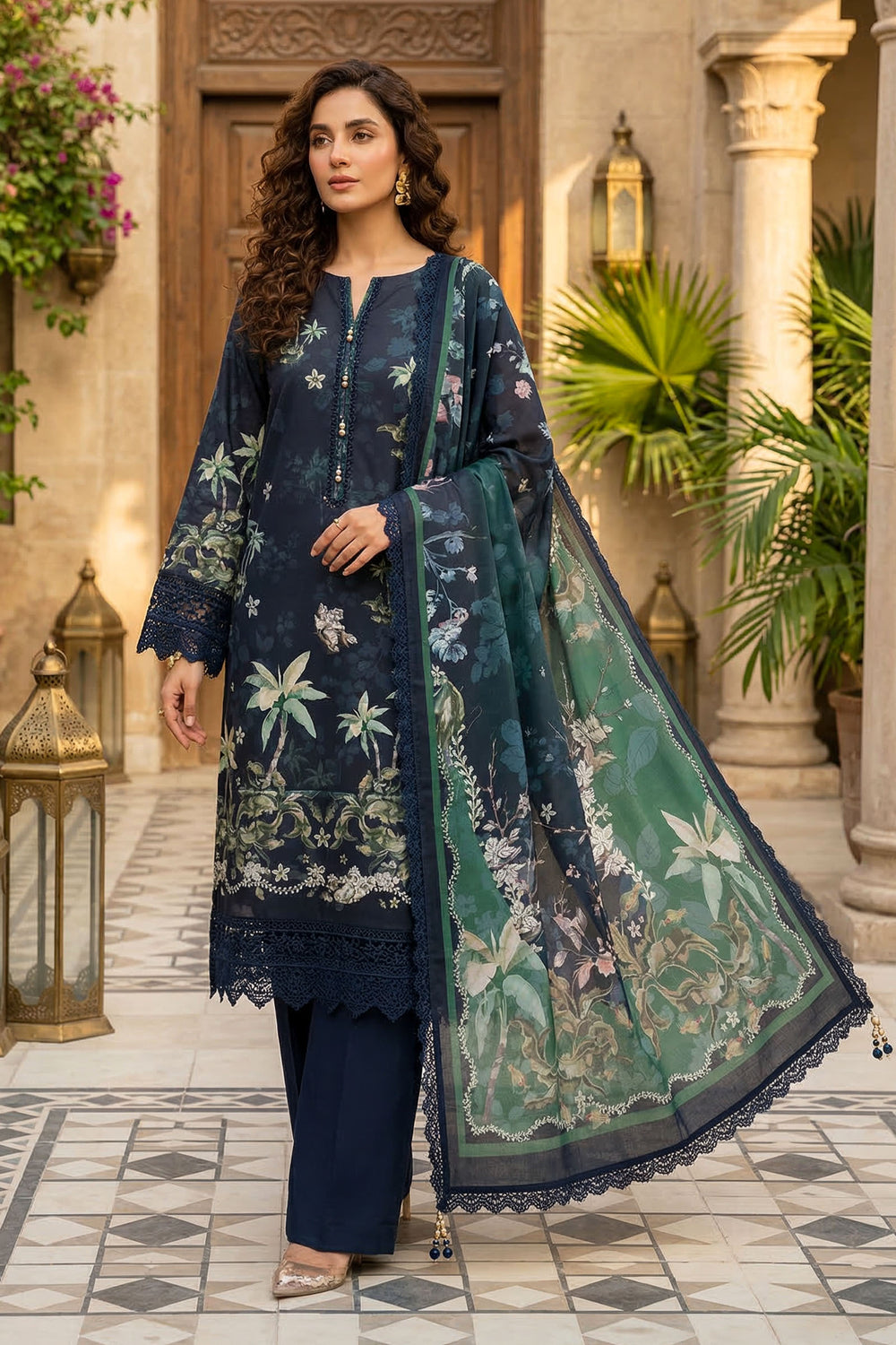 Charcoal Blue 3 Piece Unstitched Premium Printed Lawn