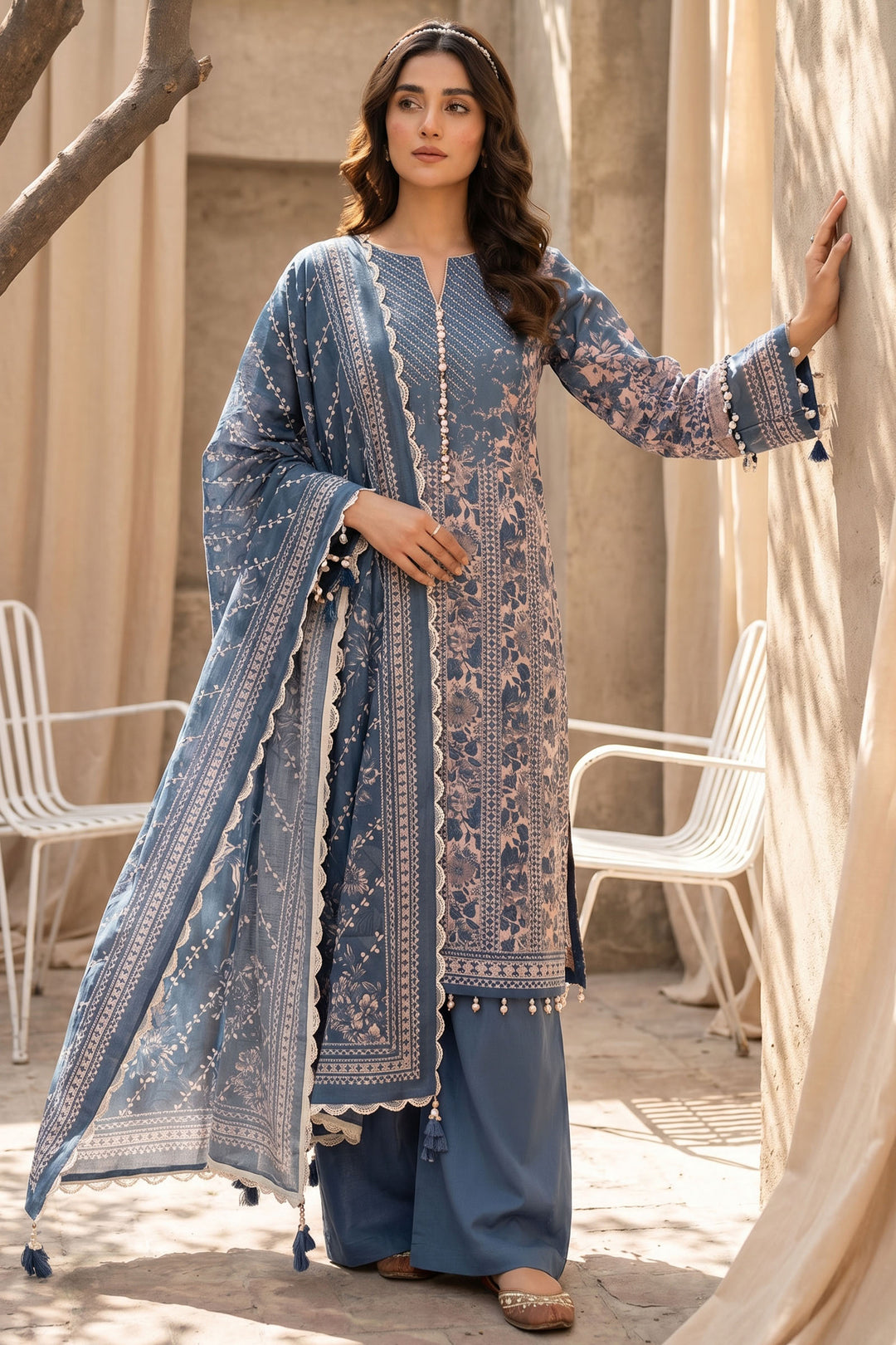 Charcoal Blue 3 Piece Unstitched Premium Printed Lawn Suit By Jacquard Clothing Summer Collection