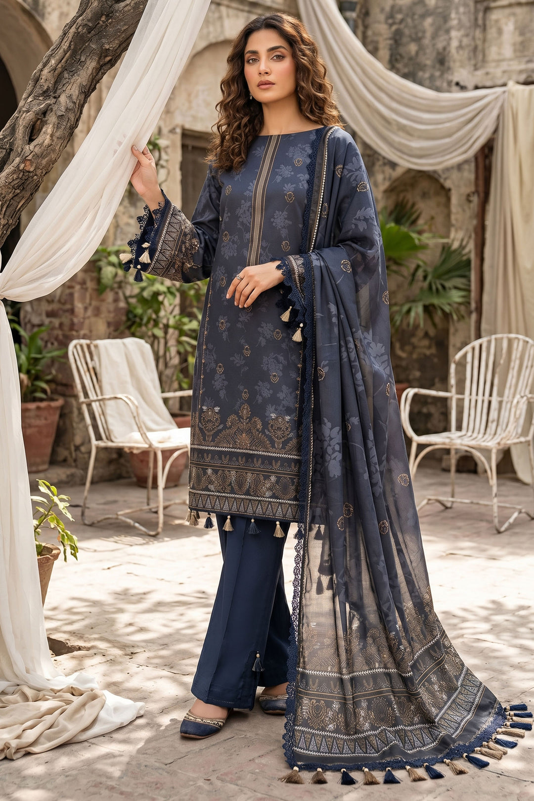 Charcoal Blue 3 Piece Unstitched Premium Printed Lawn Suit By Jacquard Clothing Summer Collection