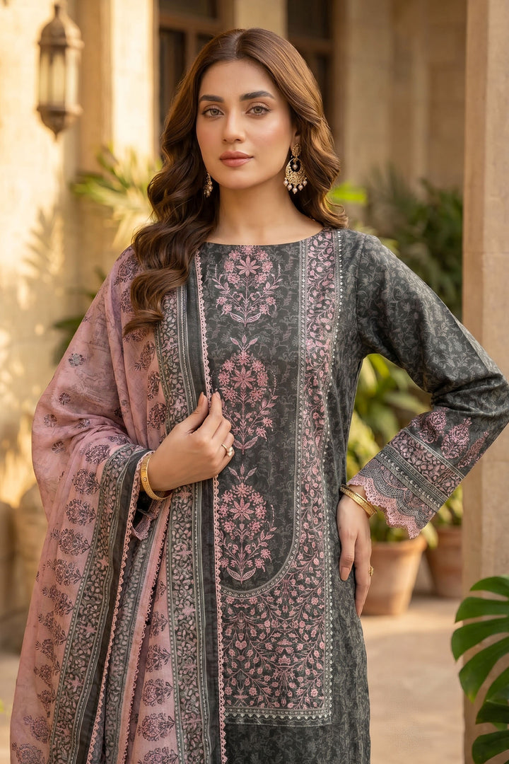 Charcoal Grey 3 Piece Unstitched Premium Printed Lawn