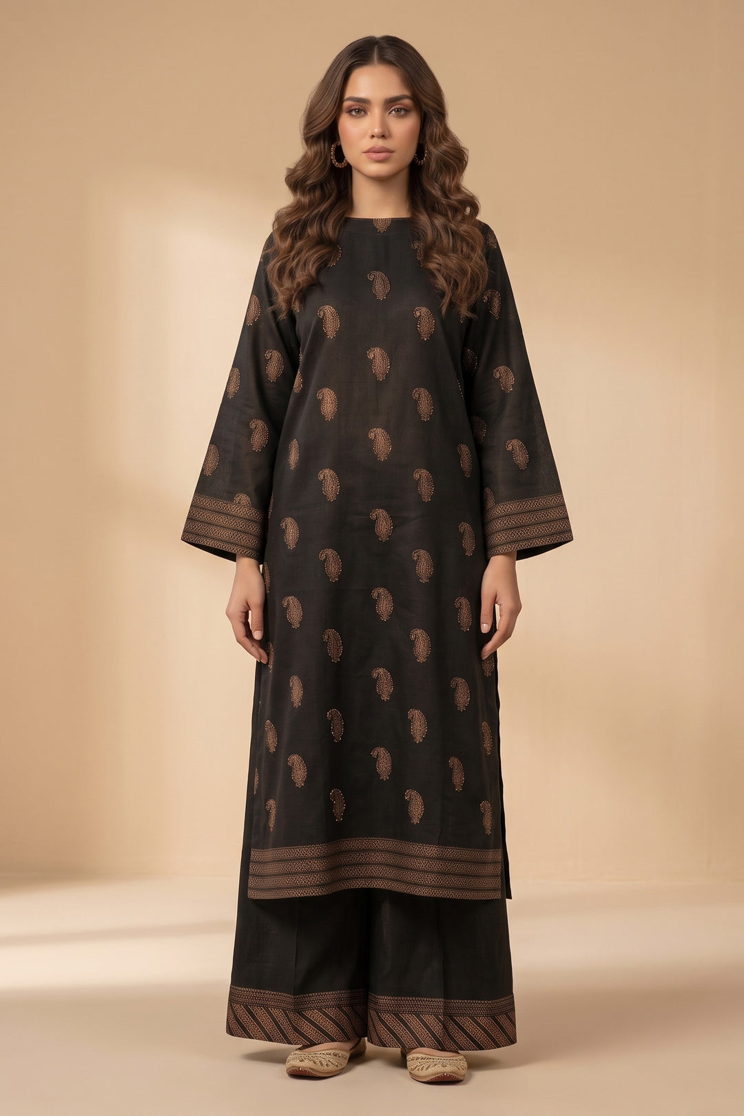 Coffee 2 Piece Unstitched Printed Cambric Co-Ord Set