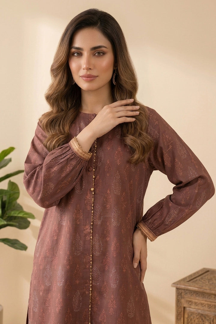 Coffee 2 Piece Unstitched Printed Cambric Co-Ord Set