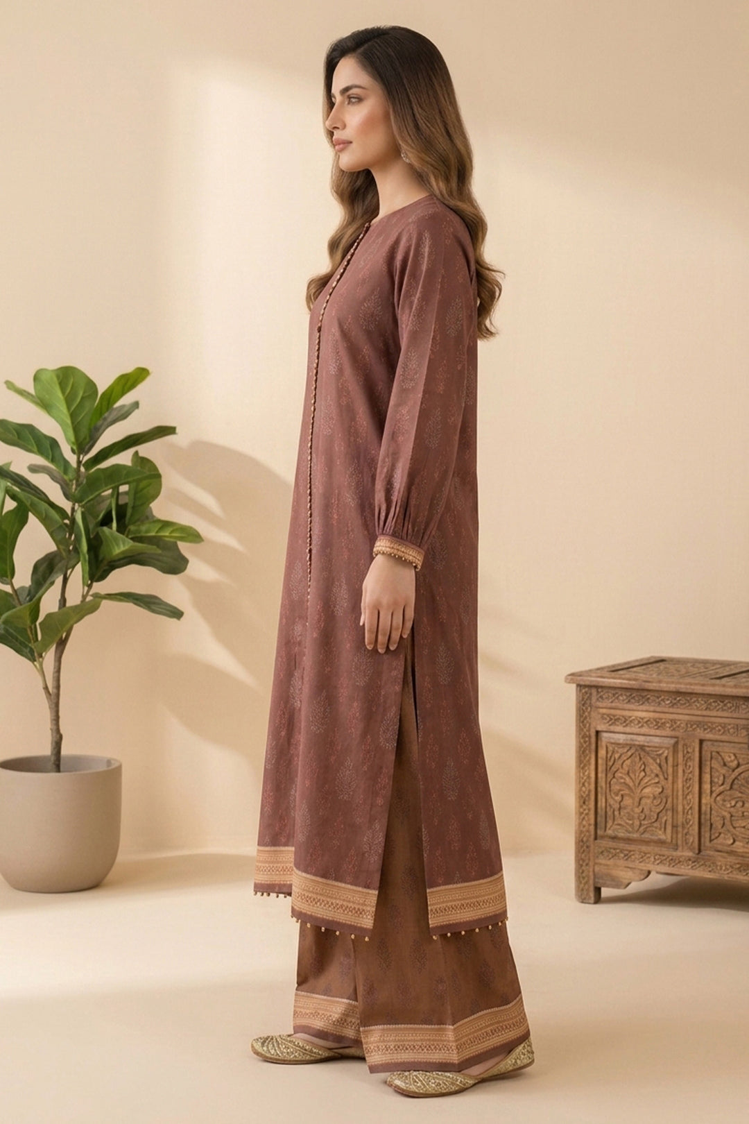 Coffee 2 Piece Unstitched Printed Cambric Co-Ord Set