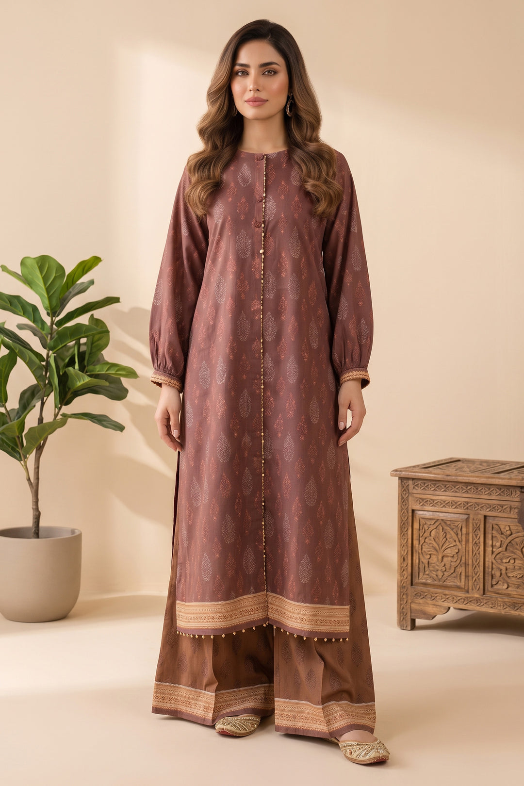 Coffee 2 Piece Unstitched Printed Cambric Co-Ord Set