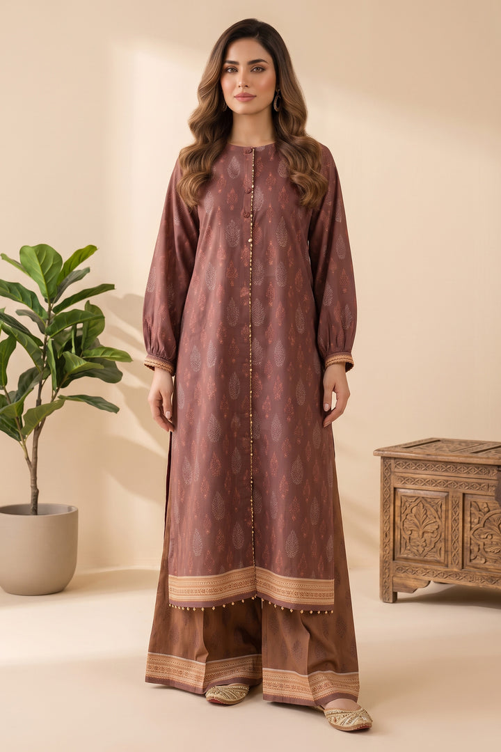 Coffee 2 Piece Unstitched Printed Cambric Co-Ord Set
