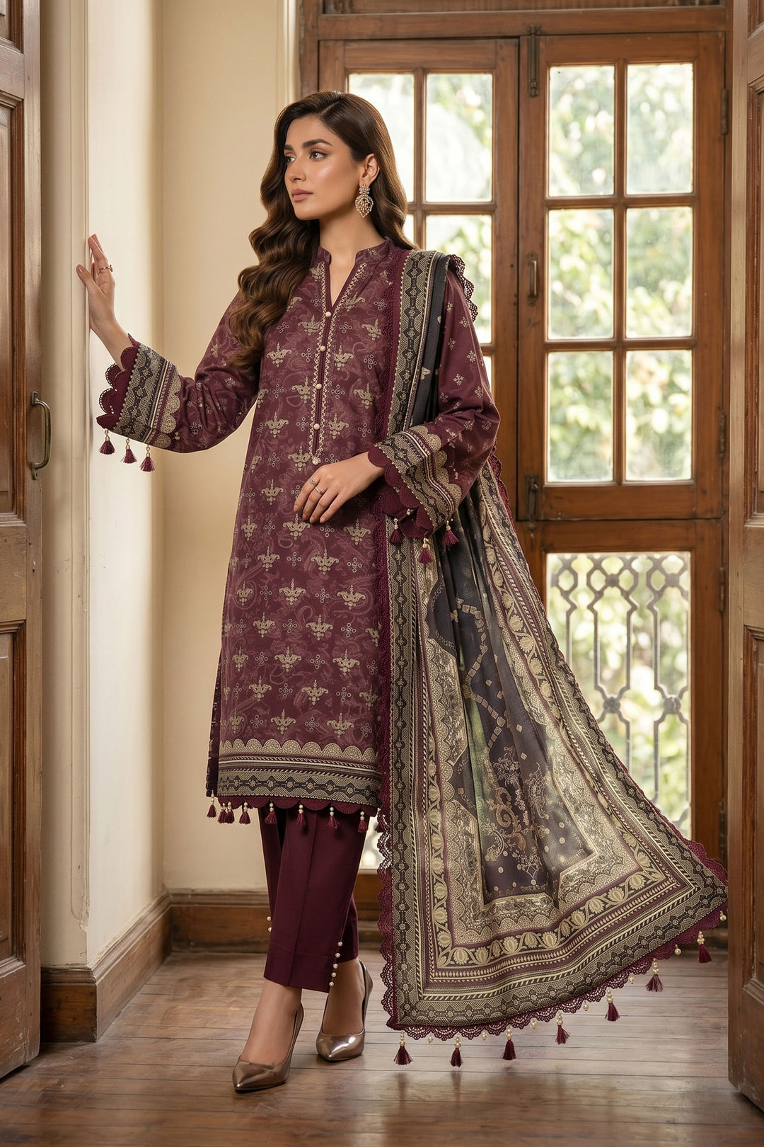 Coffee 3 Piece Unstitched Premium Printed Lawn Suit By Jacquard Clothing Summer Collection 2026