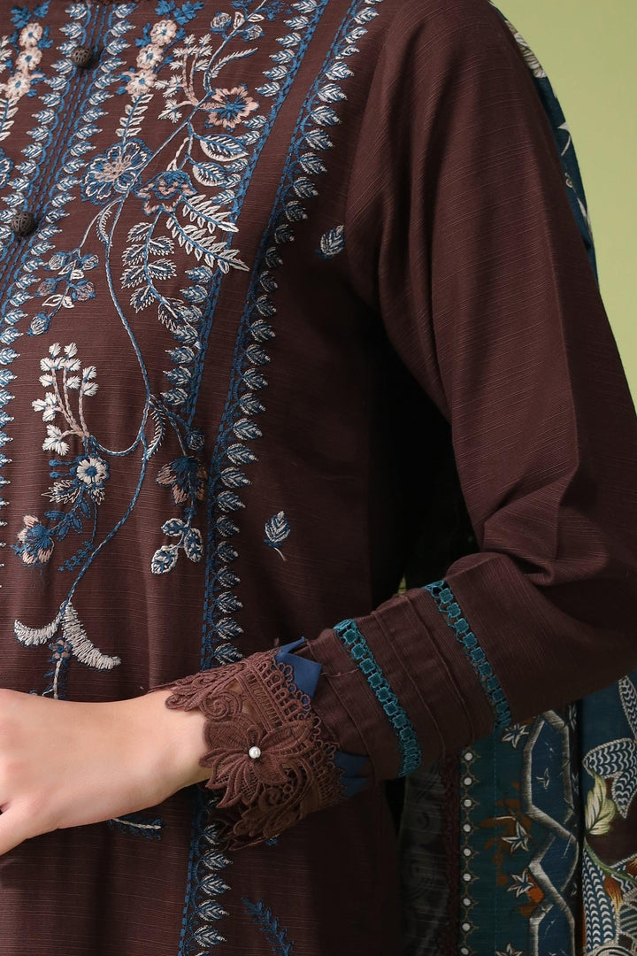 Coffee Brown 3 Piece Unstitched Khaddar - Jacquard Clothing