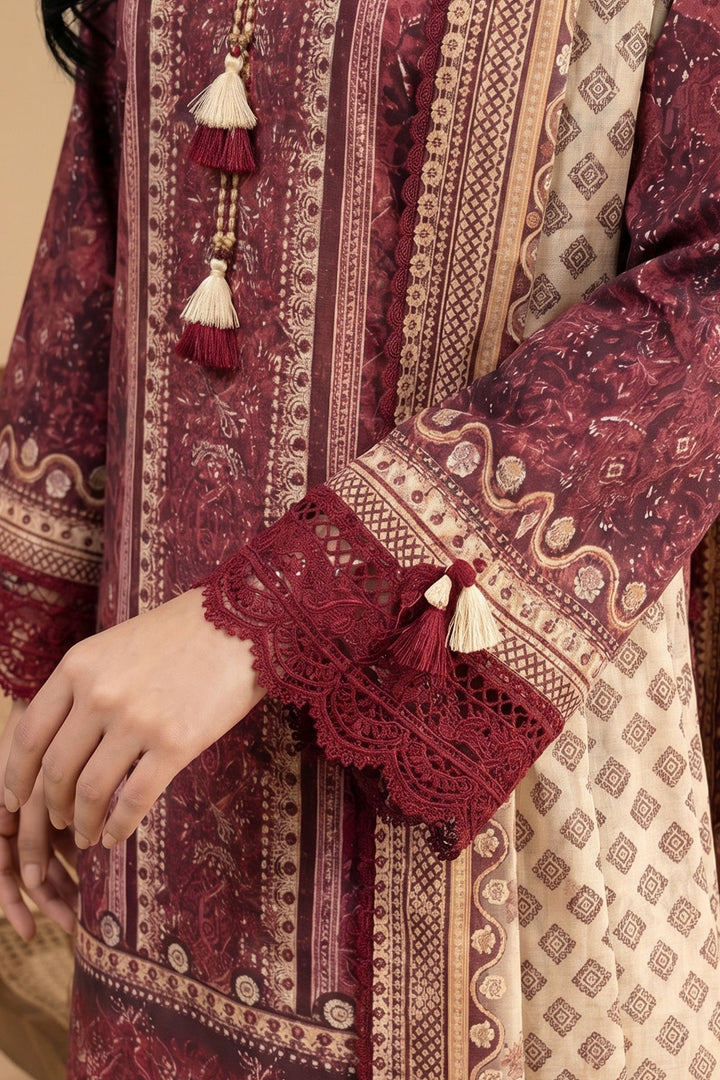 Cordovan Red 3 Piece Unstitched Premium Printed Lawn Suit By Jacquard Clothing Summer Collection 2026