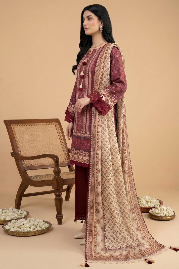 Cordovan Red 3 Piece Unstitched Premium Printed Lawn Suit By Jacquard Clothing Summer Collection 2026