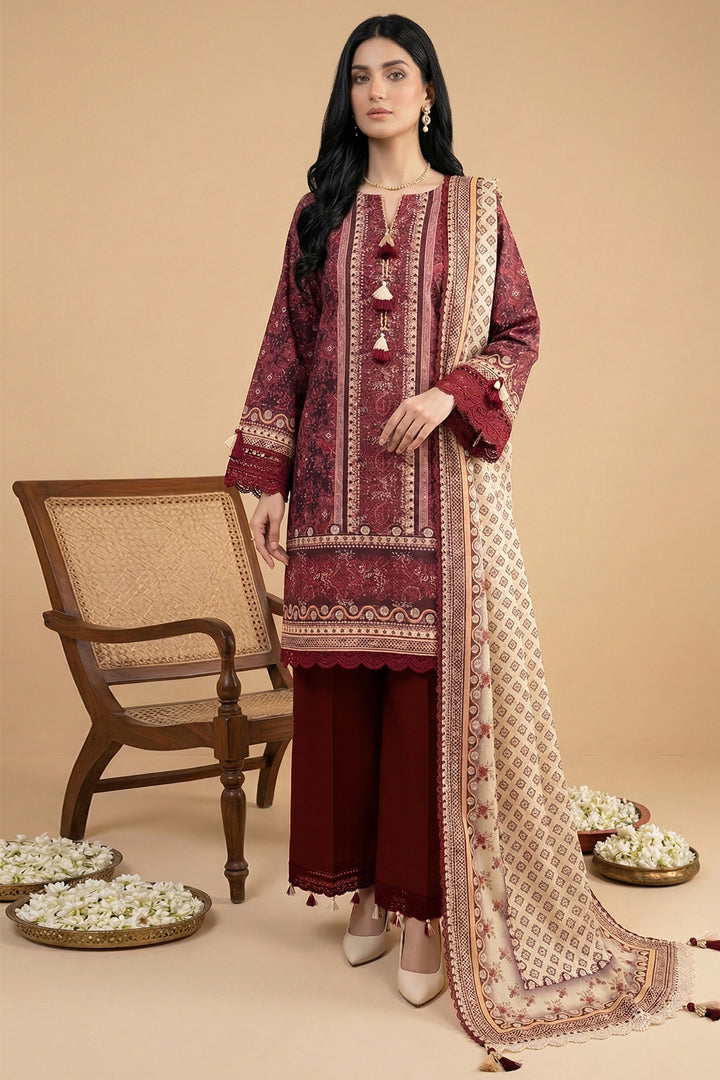 Cordovan Red 3 Piece Unstitched Premium Printed Lawn Suit By Jacquard Clothing Summer Collection 2026