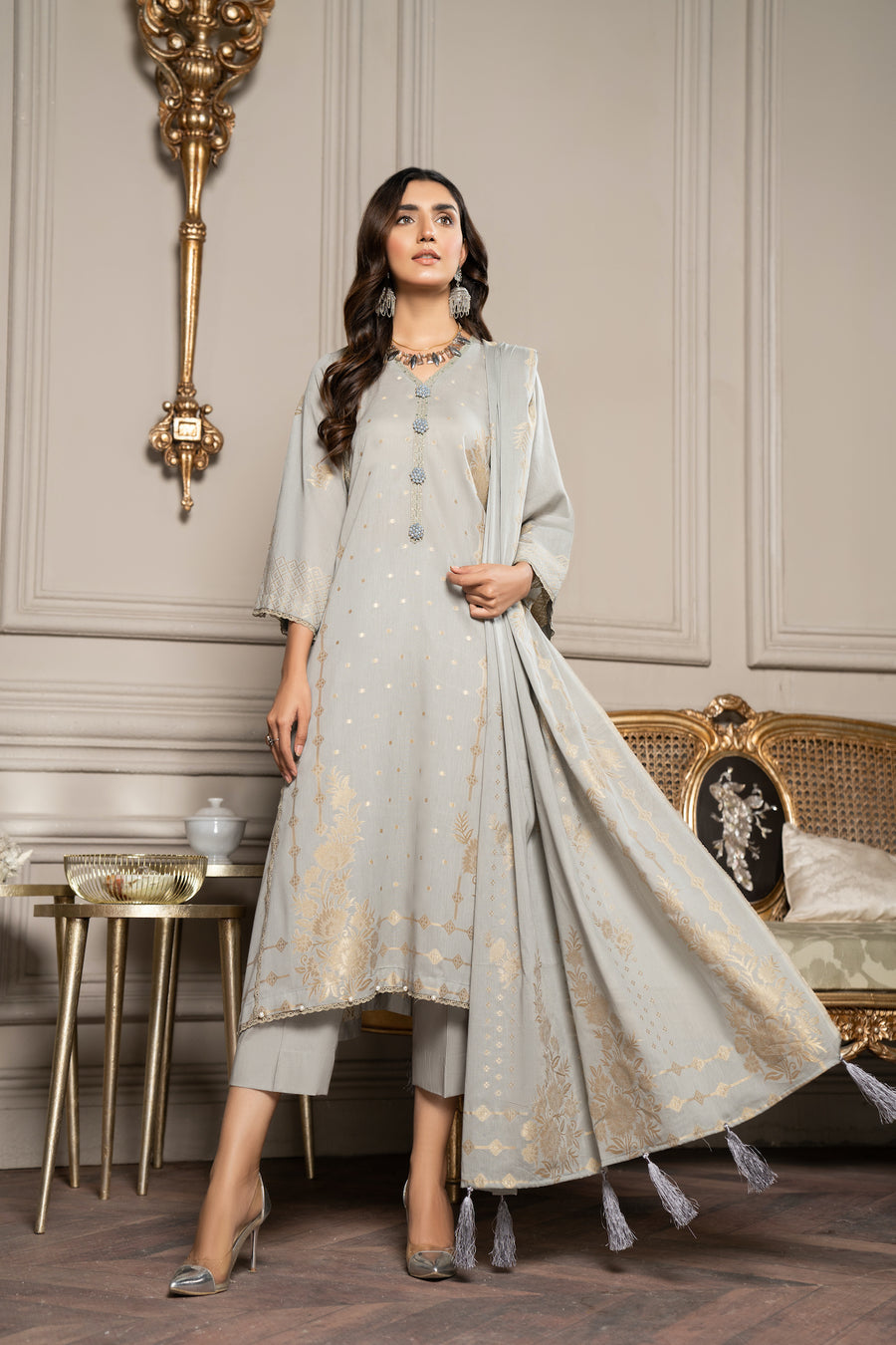 Jacquard Cotton 2pc Unstitched Dress Material Kurta Set with Jewellery Set 16