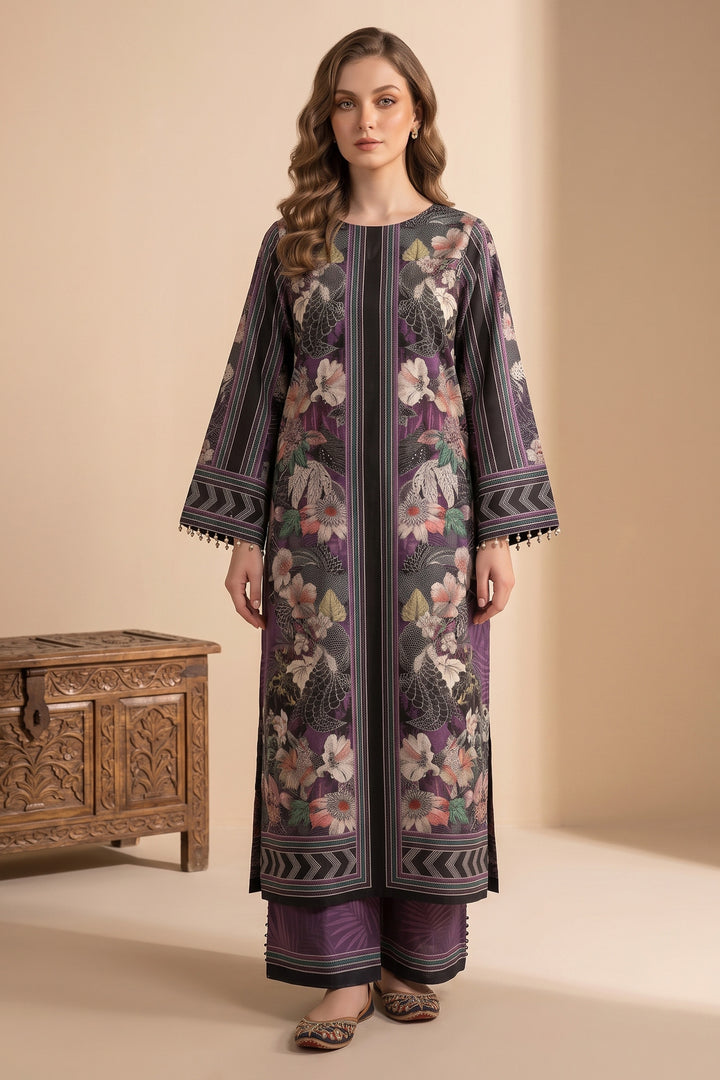 Dark Brown 2 Piece Unstitched Printed Cambric Co-Ord Set
