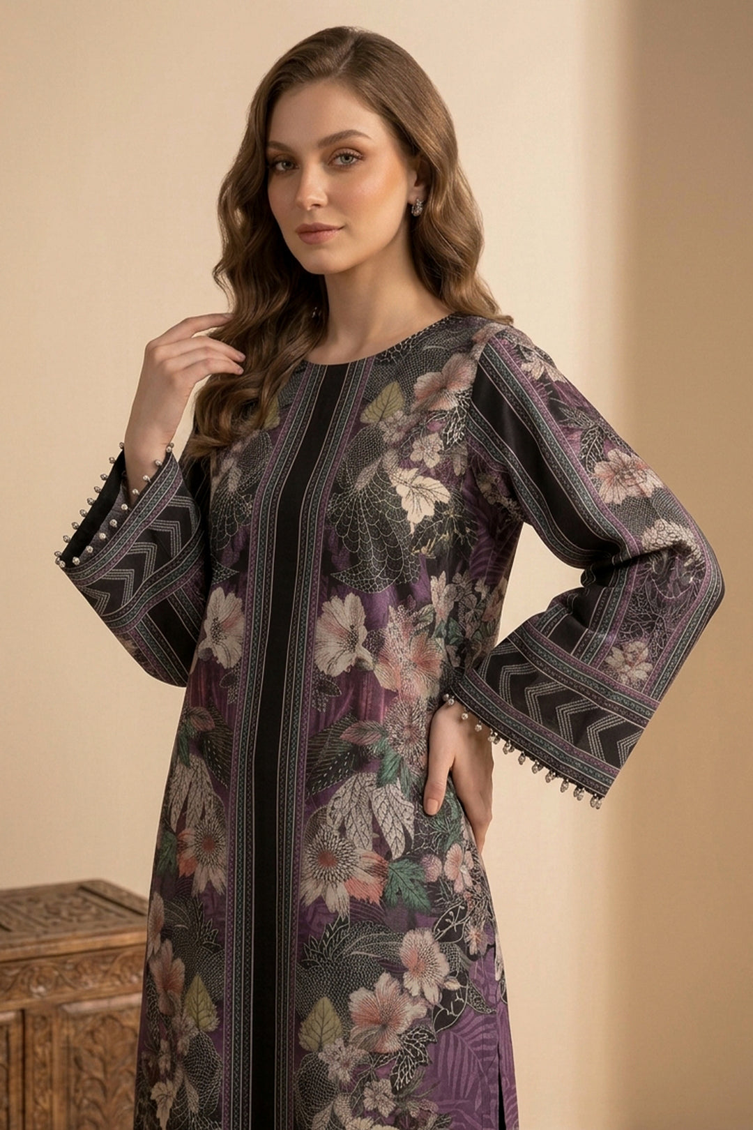 Dark Brown 2 Piece Unstitched Printed Cambric Co-Ord Set