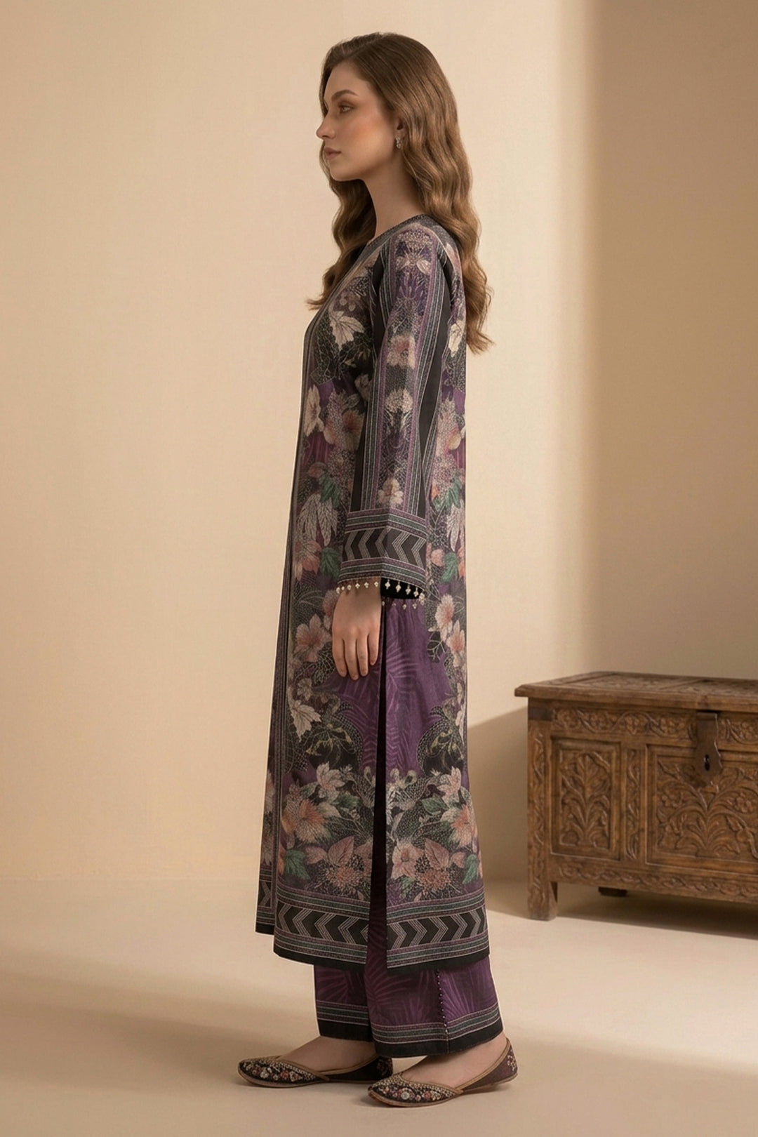 Dark Brown 2 Piece Unstitched Printed Cambric Co-Ord Set
