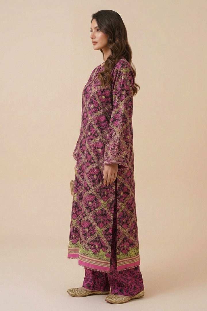 Dark Raspberry 2 Piece Unstitched Printed Cambric Co-Ord Set