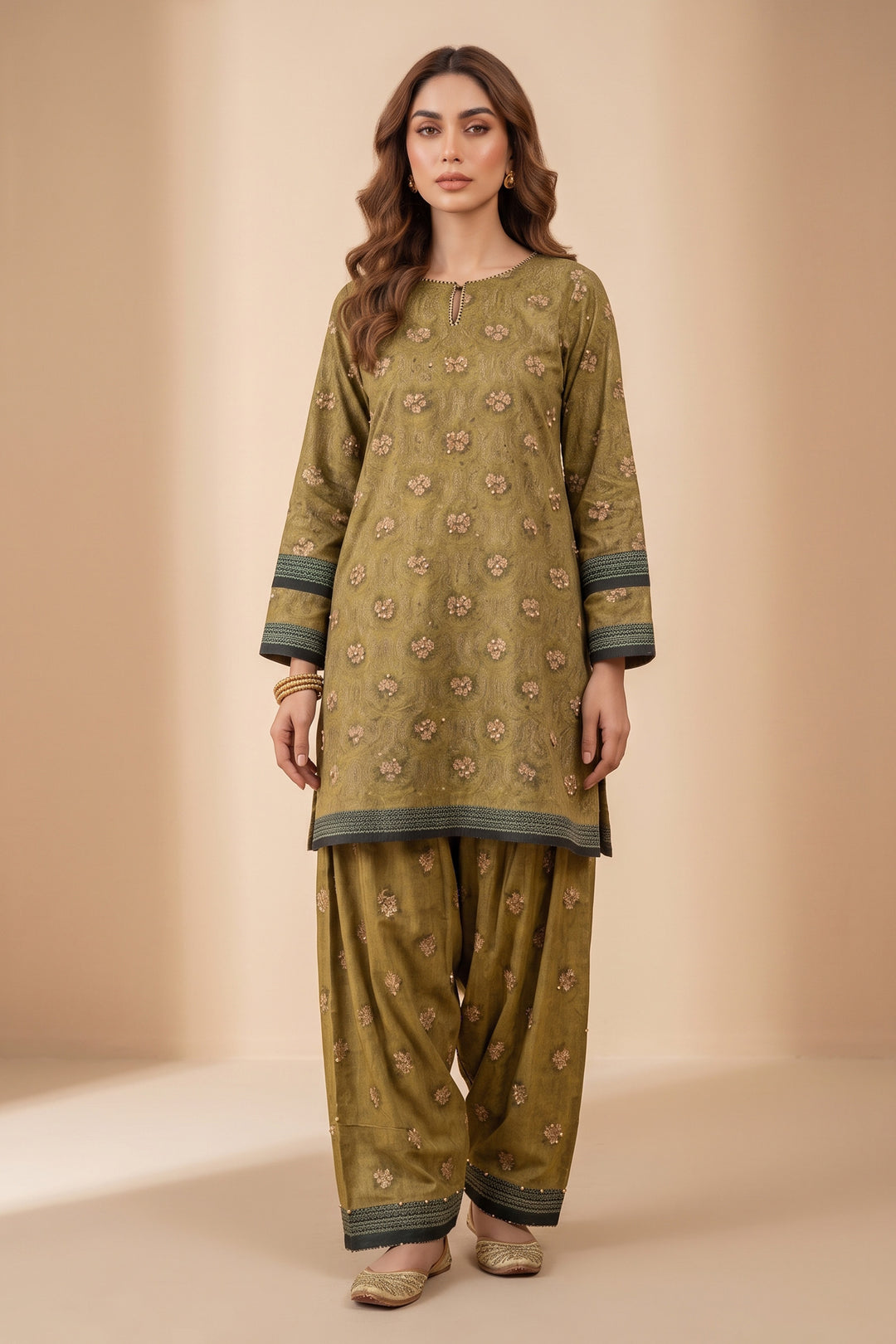 Dark Tan 2 Piece Unstitched Printed Cambric Co-Ord Set
