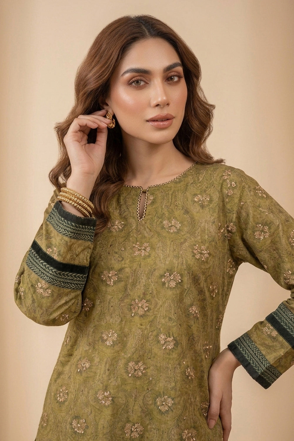 Dark Tan 2 Piece Unstitched Printed Cambric Co-Ord Set