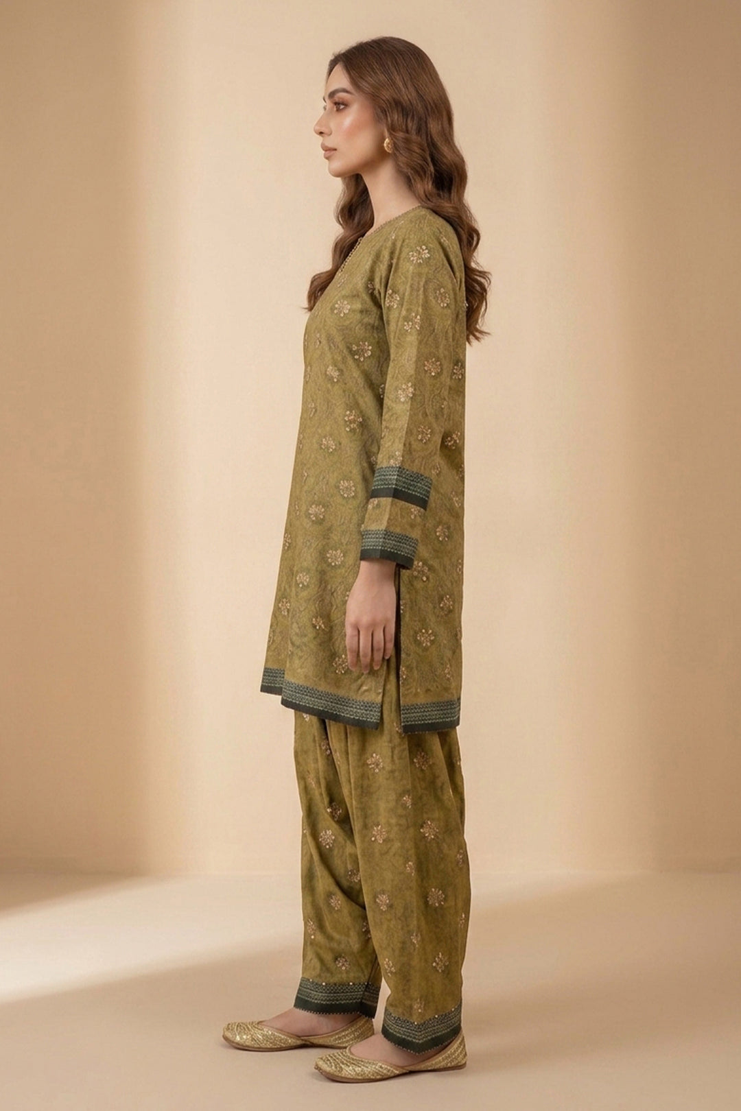 Dark Tan 2 Piece Unstitched Printed Cambric Co-Ord Set