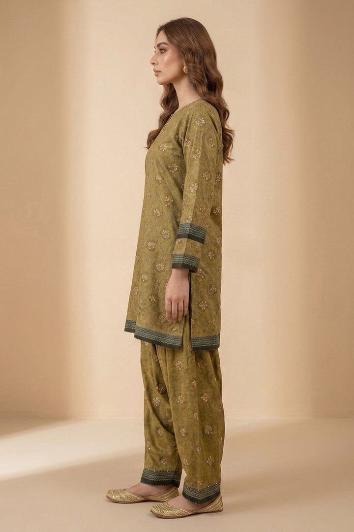 Dark Tan 2 Piece Unstitched Printed Cambric Co-Ord Set