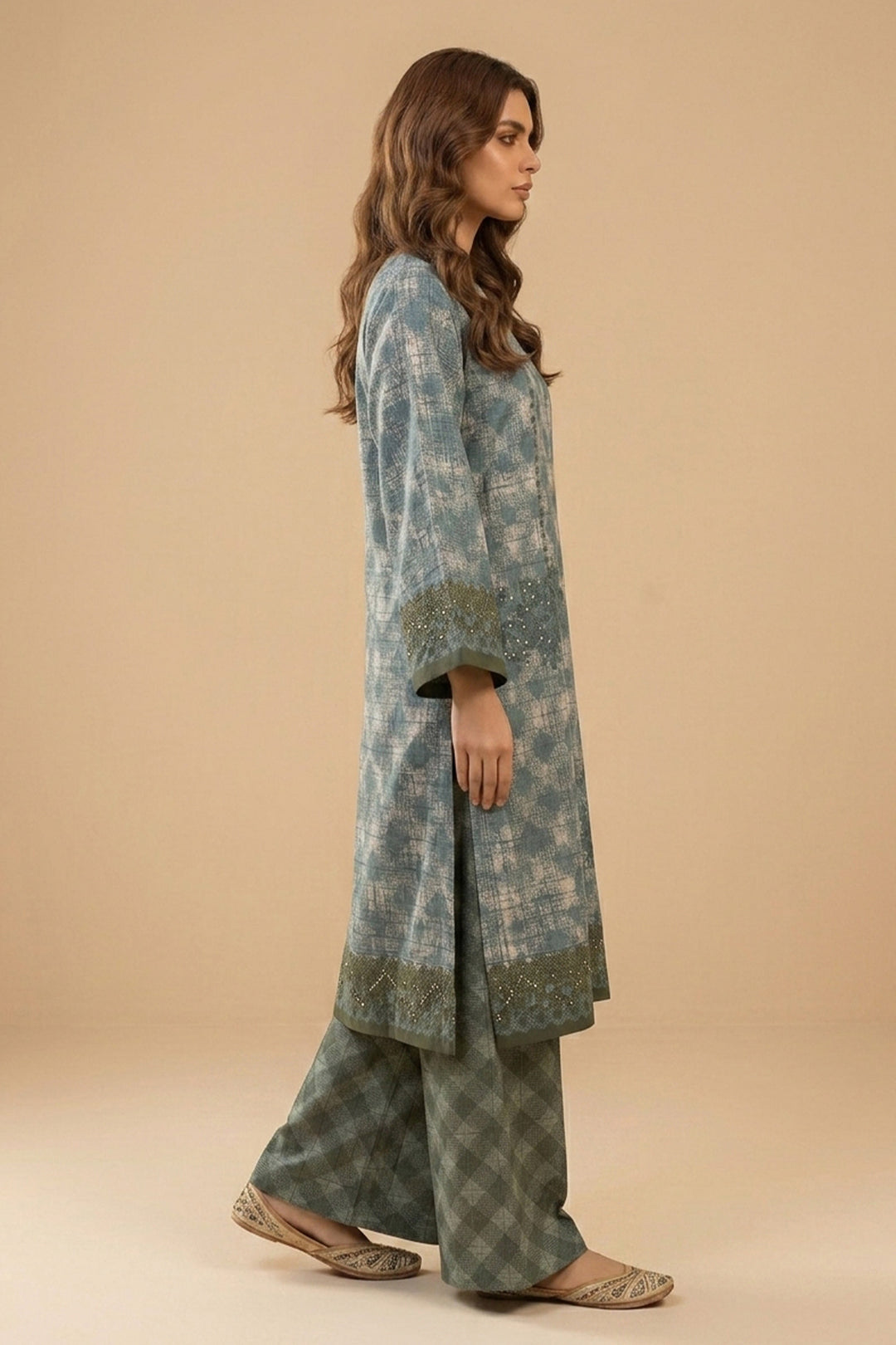 Dark Tan 2 Piece Unstitched Printed Cambric Co-Ord Set