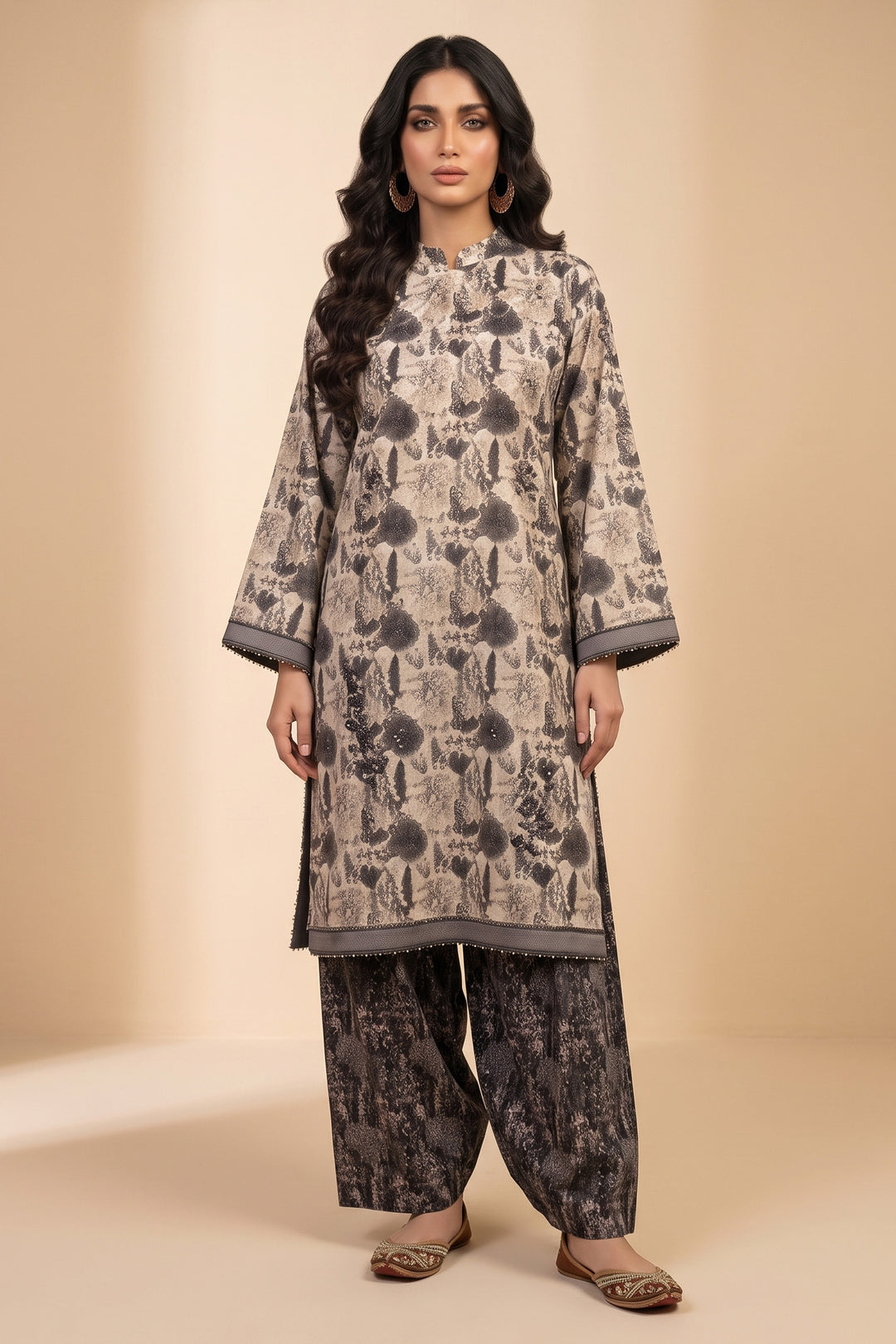 Dark Taupe 2 Piece Unstitched Printed Cambric Co-Ord Set