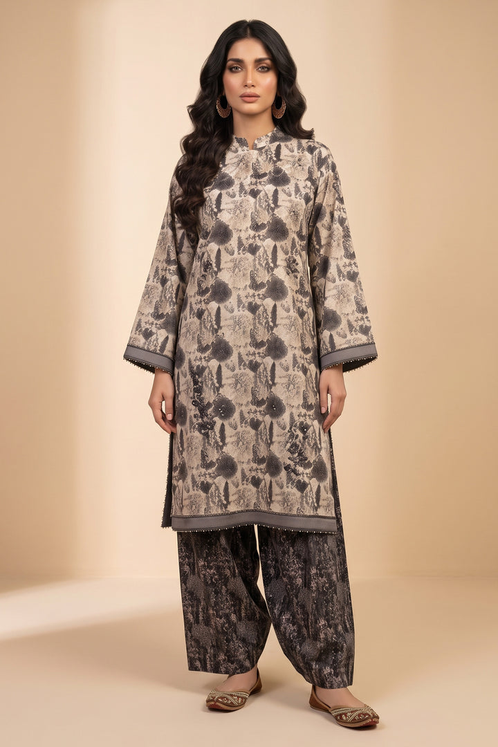 Dark Taupe 2 Piece Unstitched Printed Cambric Co-Ord Set