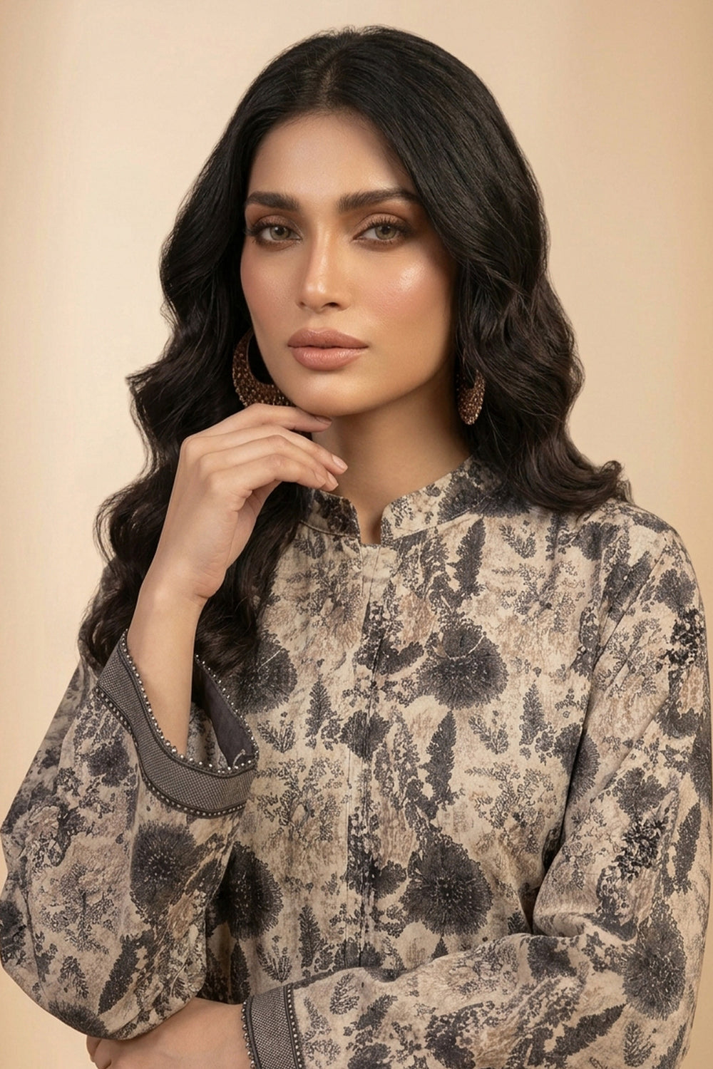 Dark Taupe 2 Piece Unstitched Printed Cambric Co-Ord Set