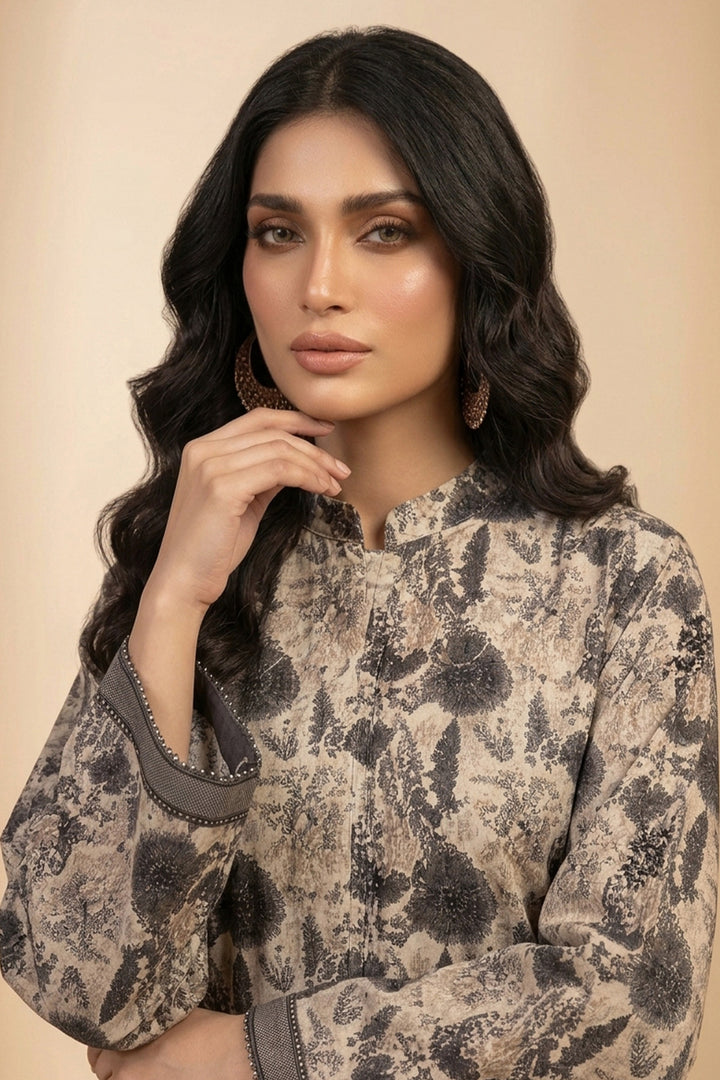 Dark Taupe 2 Piece Unstitched Printed Cambric Co-Ord Set