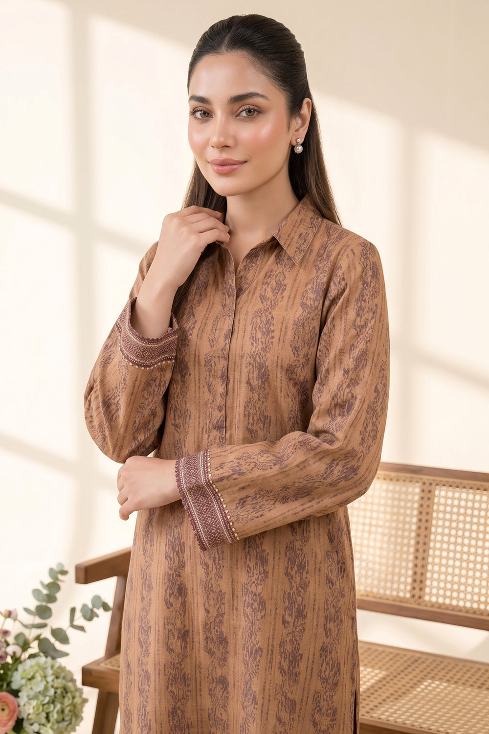 Dark Brown 2 Piece Unstitched Printed Cambric Co-Ord Set
