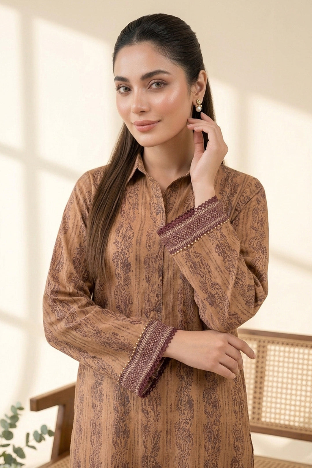 Dark Brown 2 Piece Unstitched Printed Cambric Co-Ord Set