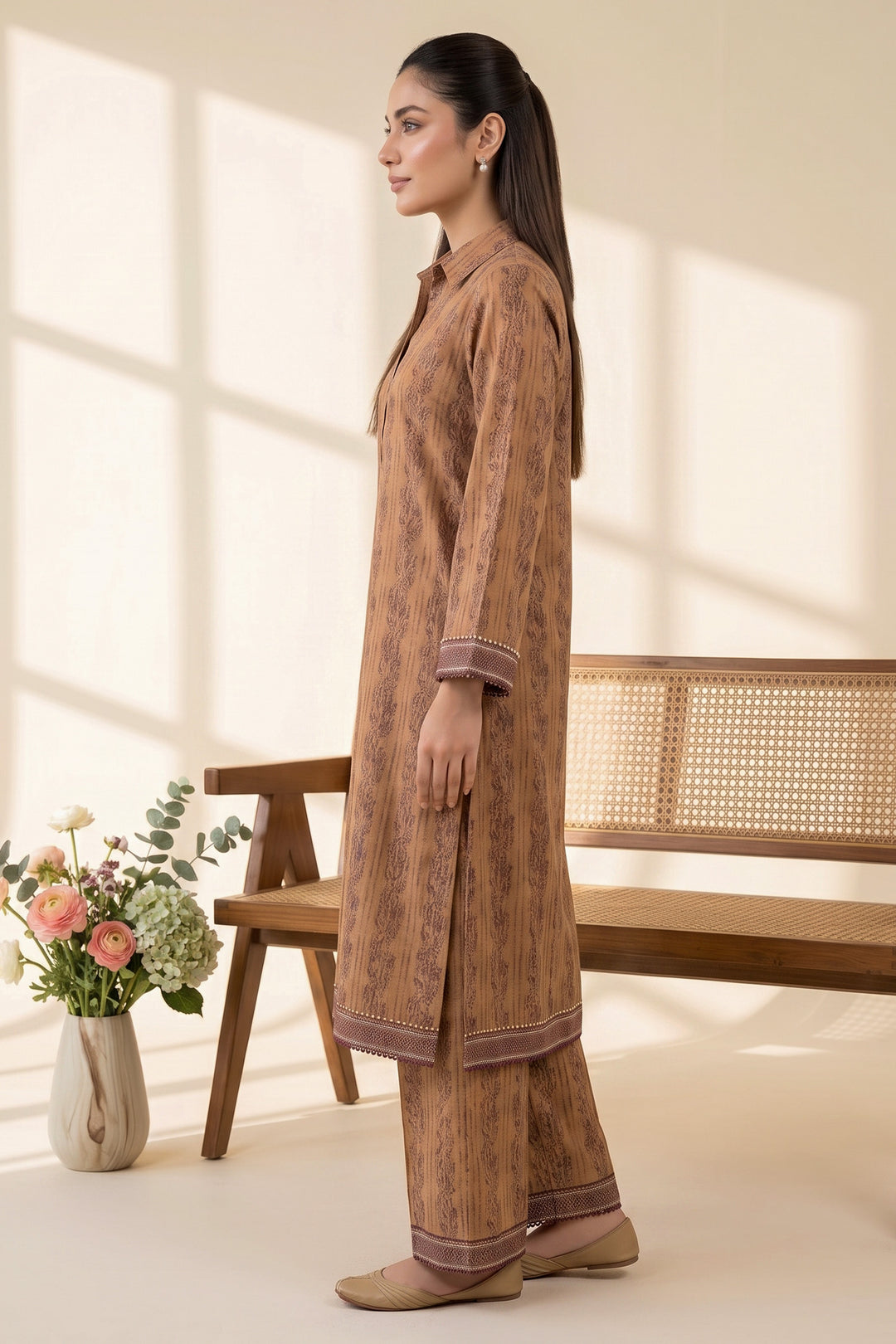 Dark Brown 2 Piece Unstitched Printed Cambric Co-Ord Set