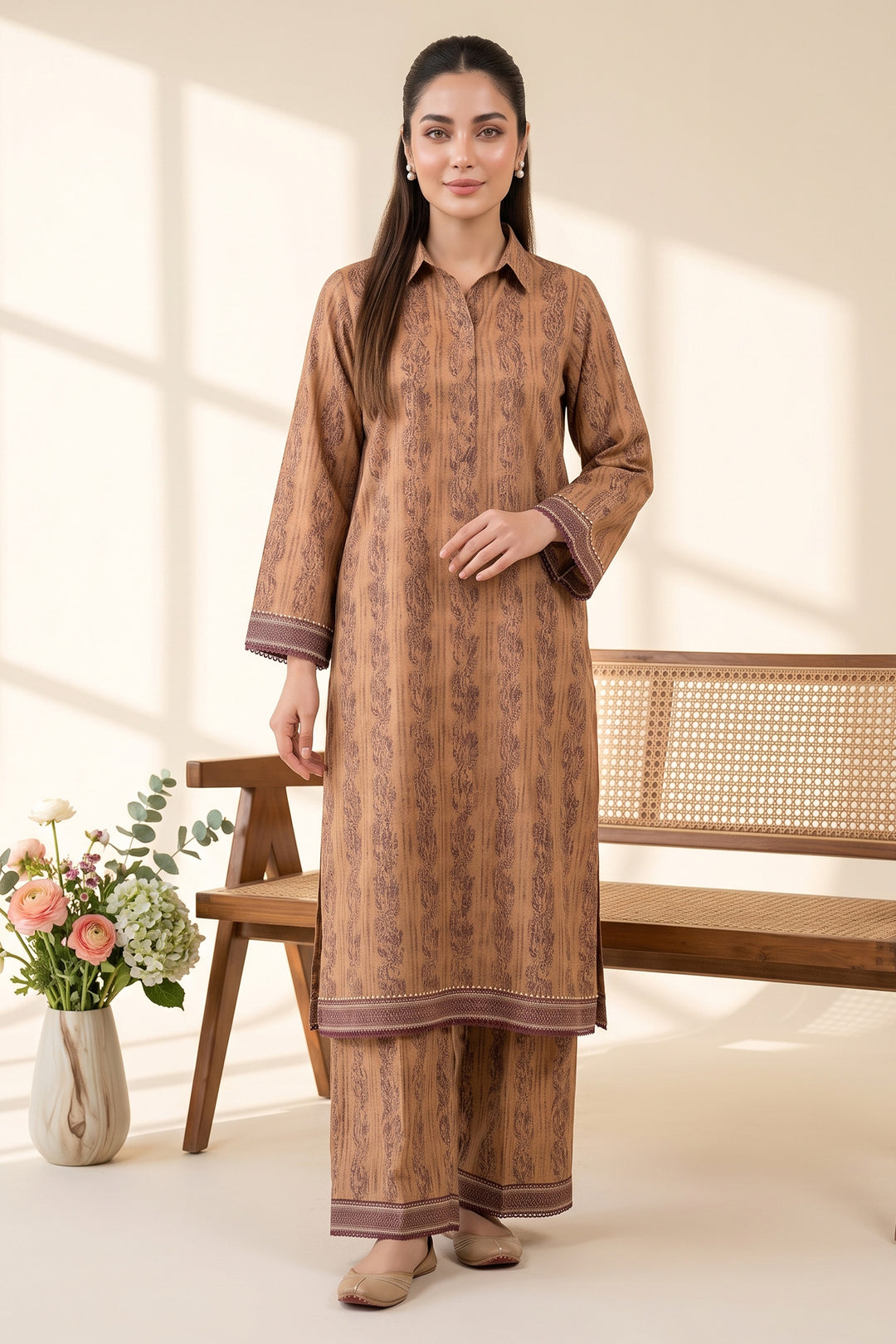 Dark Brown 2 Piece Unstitched Printed Cambric Co-Ord Set