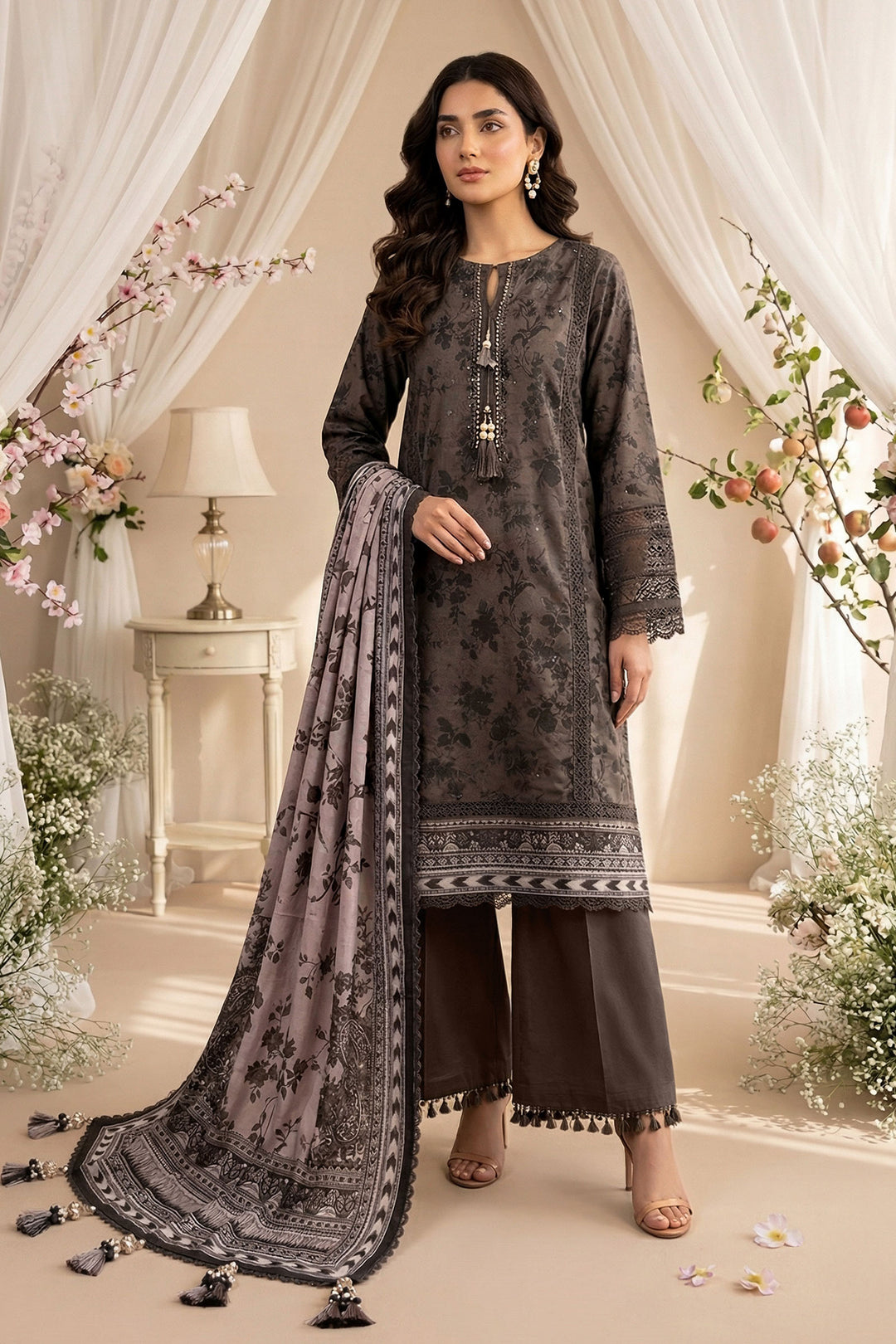 Dark Brown 3 Piece Unstitched Premium Printed Lawn Suit By Jacquard Clothing Summer 2026 Hania Manahil Collection