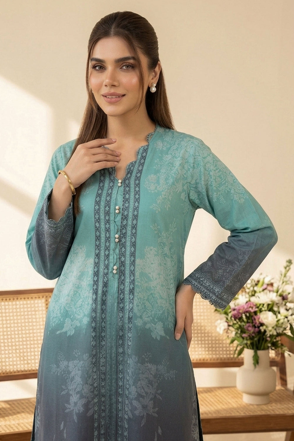 Dark Cyan 2 Piece Unstitched Printed Cambric Co-Ord Set