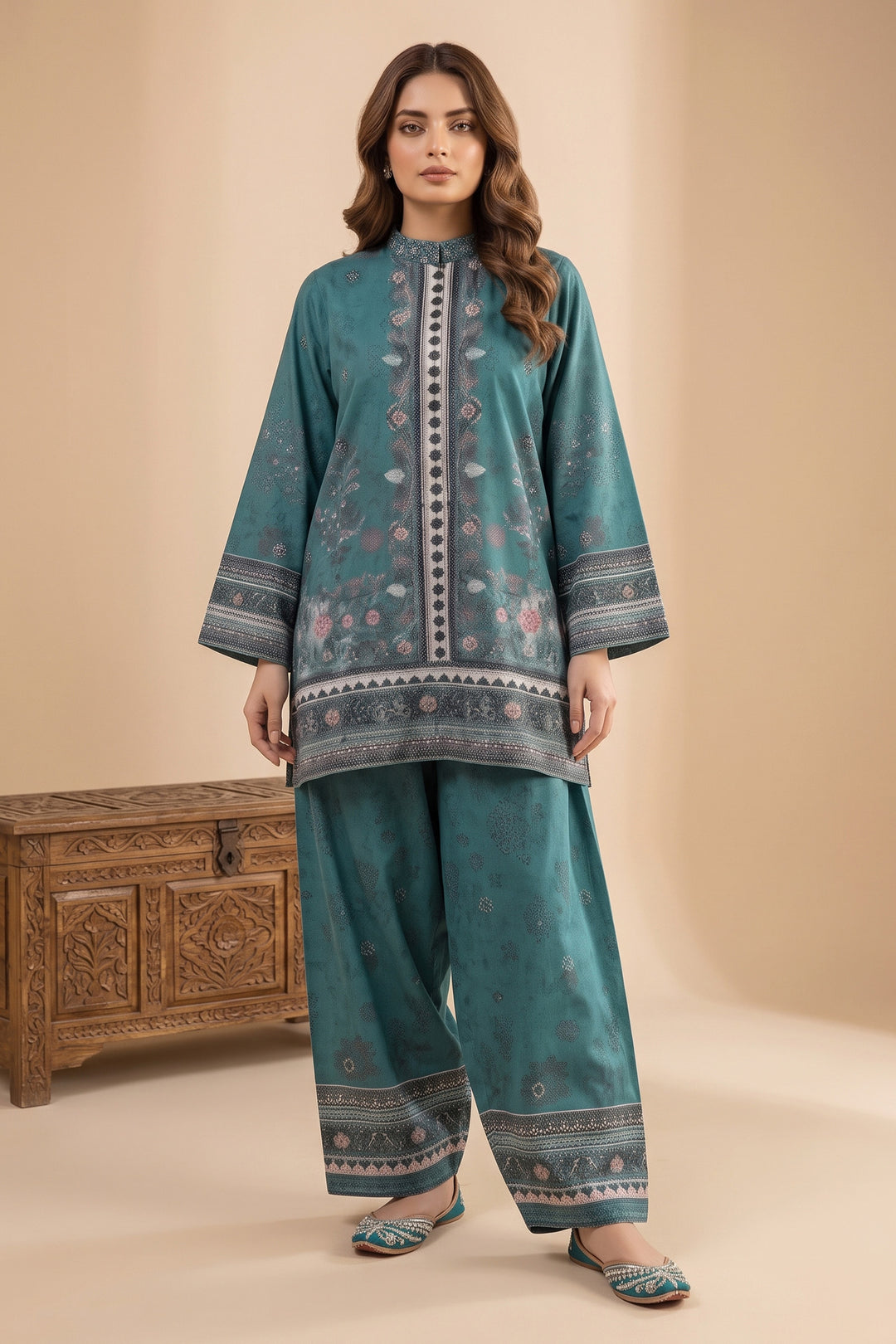 Dark Cyan 2 Piece Unstitched Printed Cambric Co-Ord Set