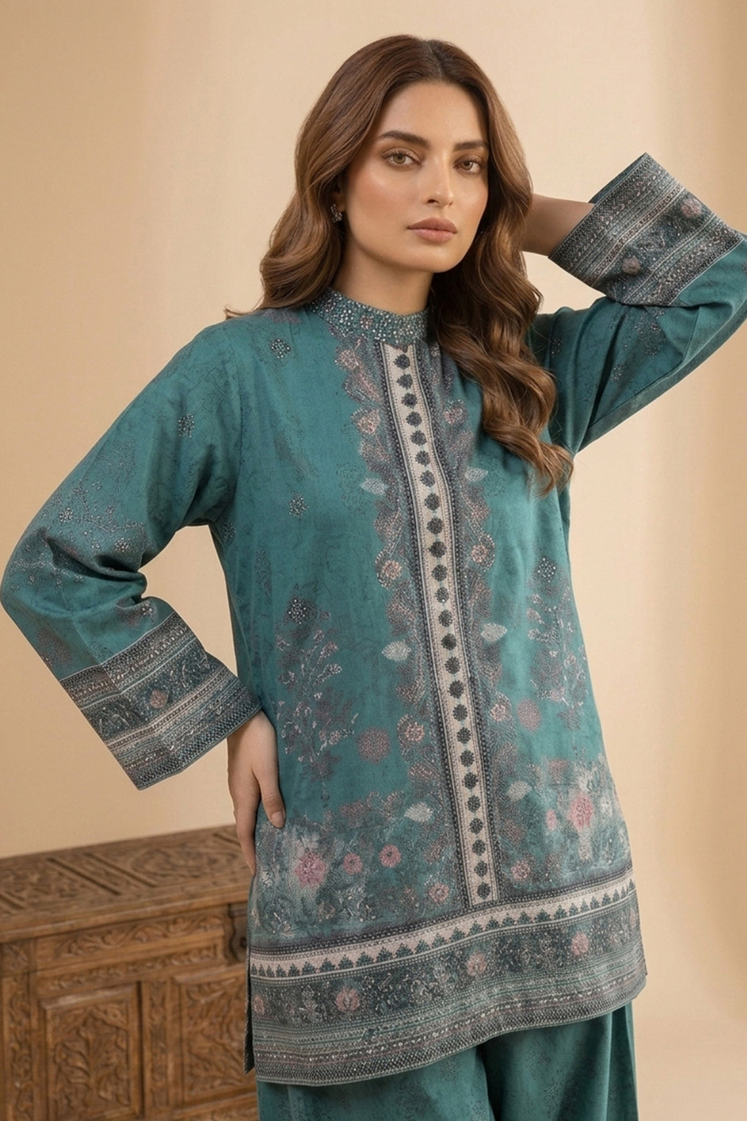 Dark Cyan 2 Piece Unstitched Printed Cambric Co-Ord Set