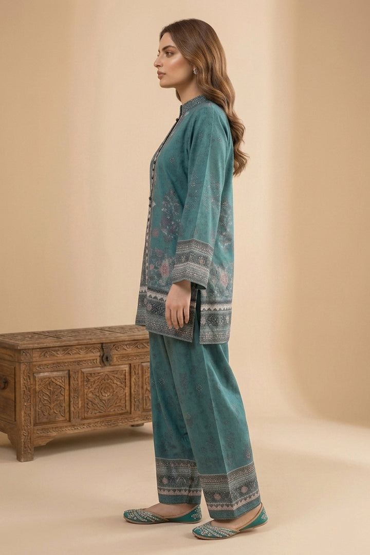 Dark Cyan 2 Piece Unstitched Printed Cambric Co-Ord Set
