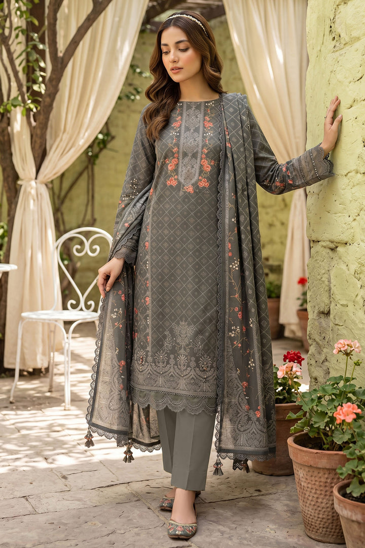 Dark Gray 3 Piece Unstitched Premium Printed Lawn Suit By Jacquard Clothing Summer Collection