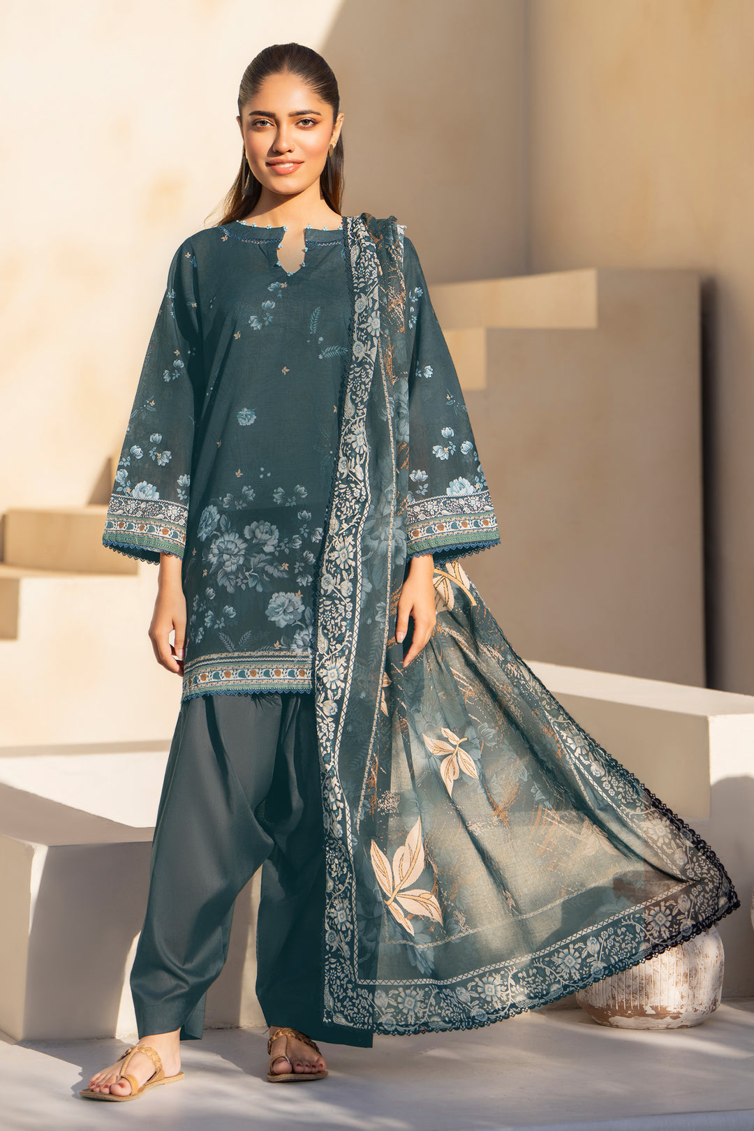 Dark Grey 3 Piece Unstitched Premium Lawn - SU25V7-S10 - JACQUARD CLOTHING